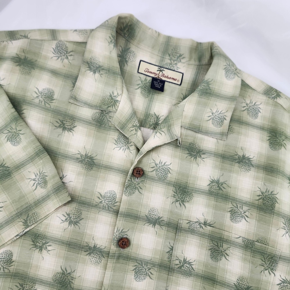Tommy Bahama Mens Silk Pineapple Plaid Camp Shirt M Green Tropical Resort Aloha
